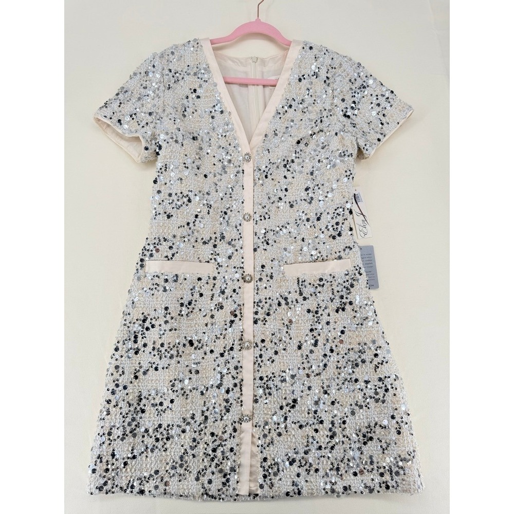 NEW Eliza J Sequin Tweed Mini Dress V-Neck Faux Pearl Buttons 12 Ivy NWT